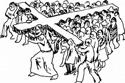 Group carrying cross together drawing